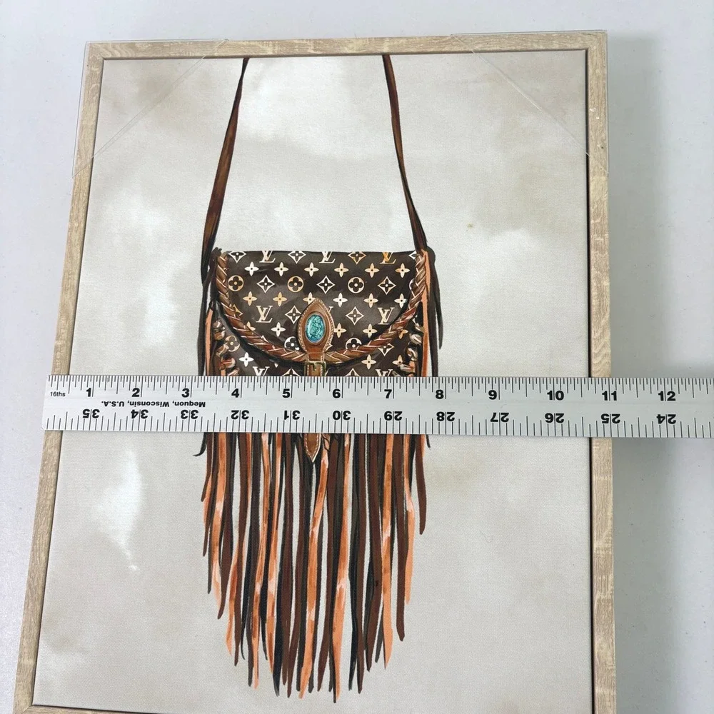 Framed Canvas Wall Art 14 x 11 Brown Boho Fringe Bag Decor Western Boho